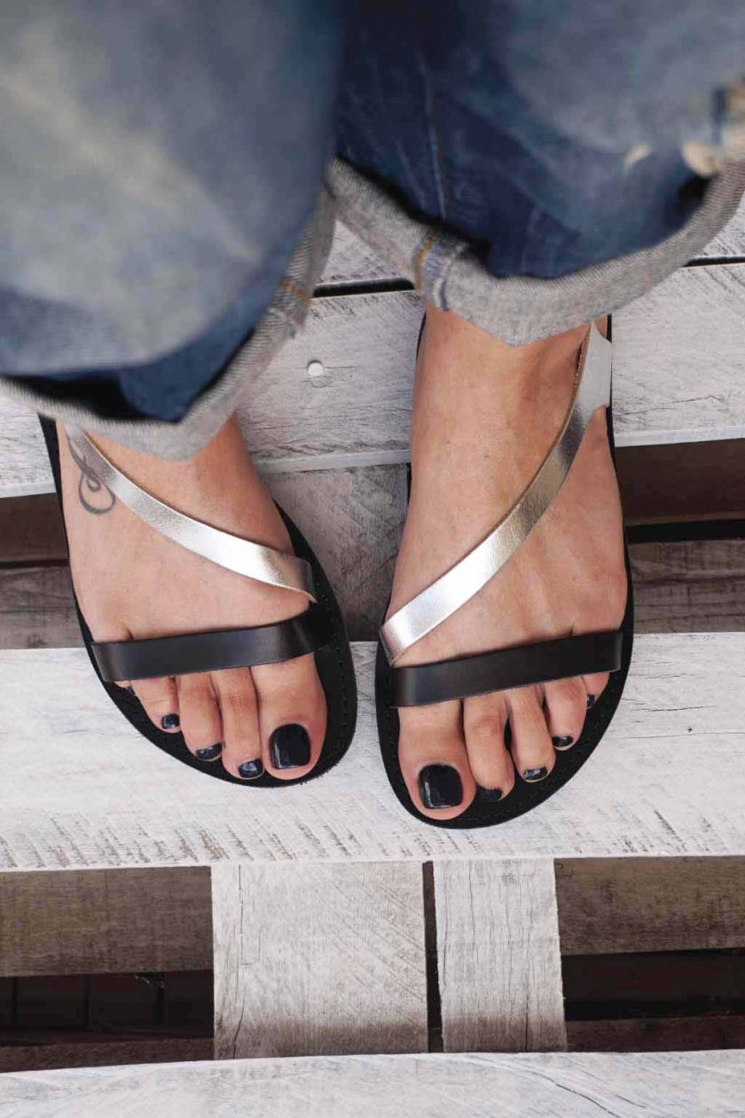 Sandale dama piele naturala FUNKY STRIPES, negru - argintiu